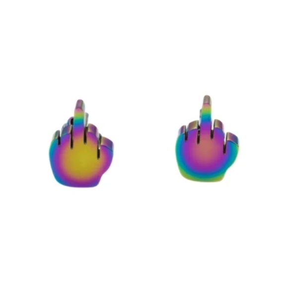 Metallic AB Rainbow Middle Finger Mini Hand Earrings Humor Statement Studs Punk - Picture 7 of 10